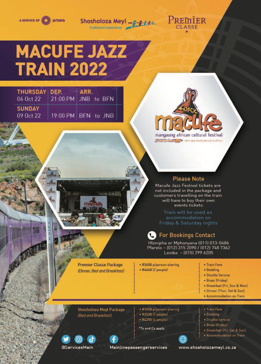 ShosholozaPRASA's tweet photo. Joining us on the Macufe Jazz Train is @IceBrands they produce and manufacture beverages locally. 
BOOKINGS are still OPEN! 
@PRASA_Group @HarambeeBRT @MyCityBfn @MovingGauteng @metrorailgp @Tourism_gov_za @TourvestDM @TheGautrain @golimpopo @ShotLeft @Dotransport https://t.co/LMMteDRRQh