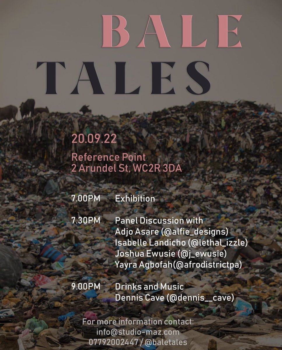 BaleTales's tweet photo. Join us this Tuesday at 7PM to explore and rethink the ‘disposal’ route of the global fashion supply chain through conversation, moving image and print.

Excited to hear from speakers @j_ewusie @alfies_designs @therevival.earth @lethal_izzle 👗🧶 and sounds from @dennis__cave https://t.co/tdoi4cLcnv