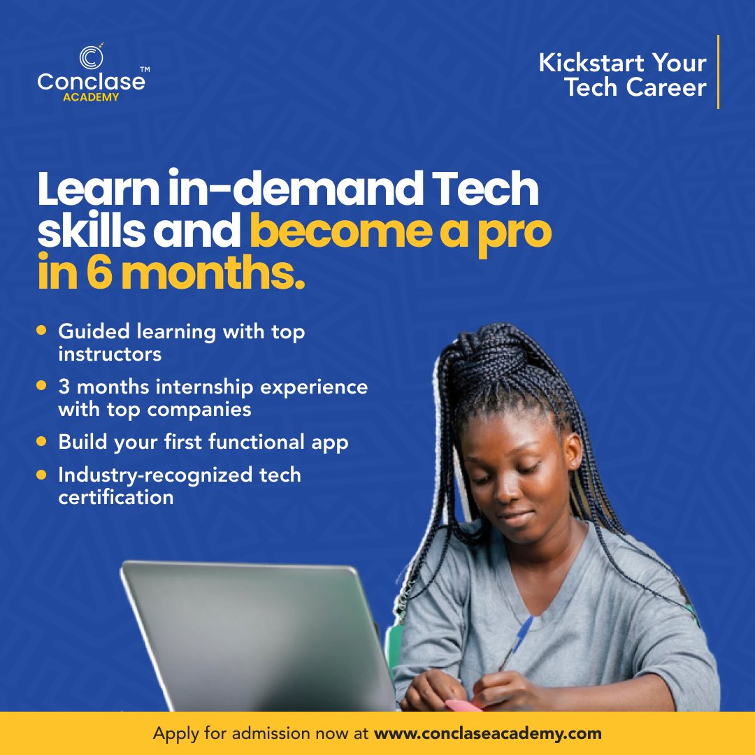 conclaseacademy's tweet image. Switching to Tech is now easy.
In 6 months, Conclase Academy will turn you into an industry-ready developer.
Signup now on conclaseacademy.com
#TechTrees #Developer #programming #conclaseacademy #LearnToCode