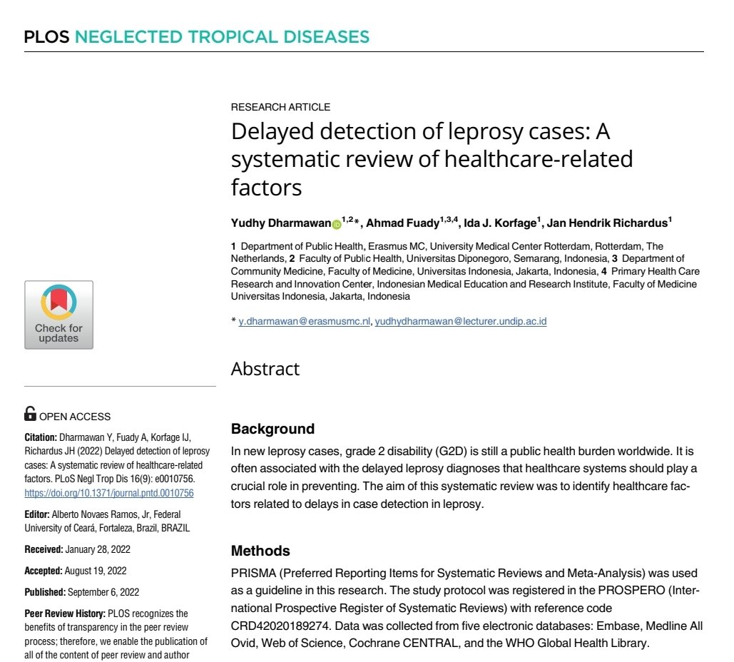 AhmadFuady01's tweet photo. Our article about healthcare factors of delayed leprosy detection has just been published at PLOS NTD. We identified three groups of factors in our framework: structural, health service, intermediate.

@IKorfage @ErasmusMCPH
@Medicine_UI 

Read more here: https://t.co/g6p74ol2FN https://t.co/Anafaf5RLB