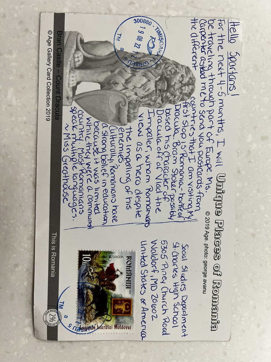 misscarpenter8's tweet photo. @StCharlesHS Spartans check this out! Our own Ms. Greathouse sent us a post card from Bran Castle in Romania. The home of Count Dracula! https://t.co/fjyrhjN8QV