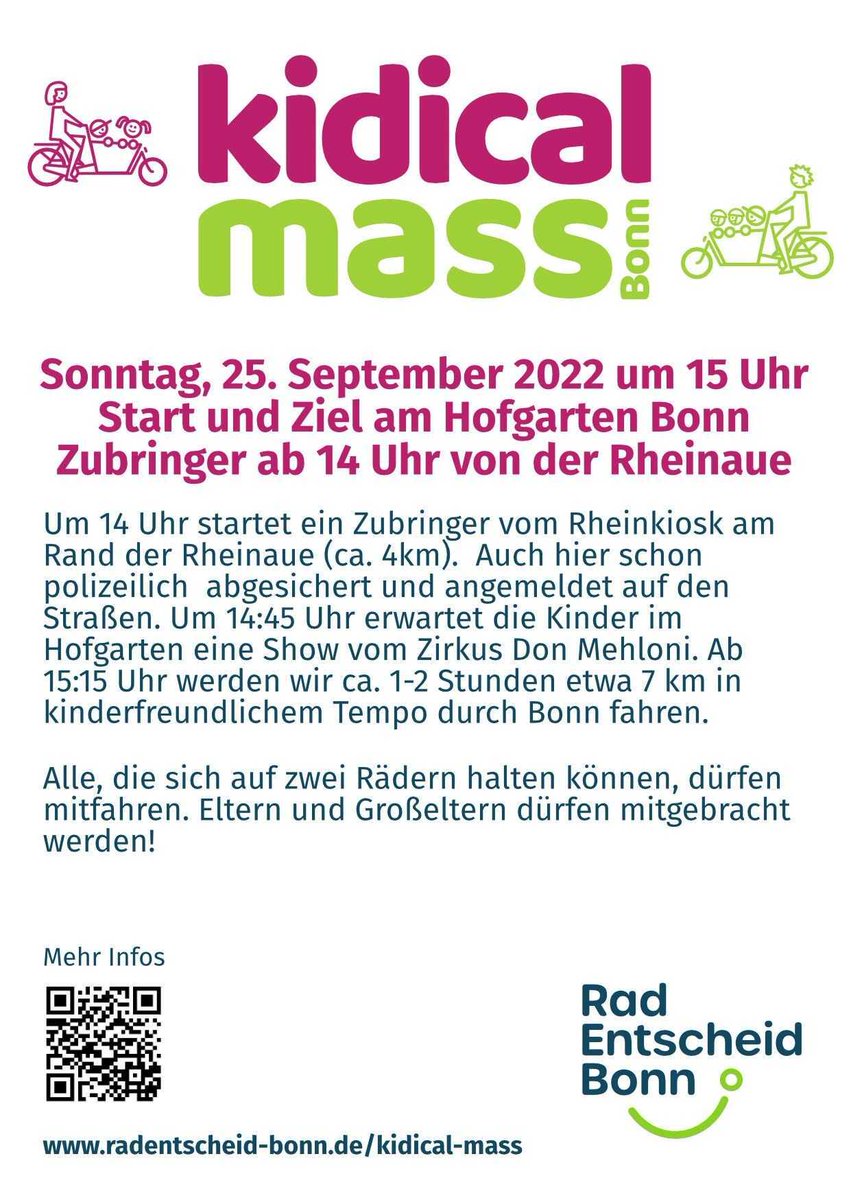 manuelpeter's tweet photo. Noch fünfmal schlafen, dann fahren wir mit hunderten Kindern durch Bonn und zeigen, dass es Platz für Kinder und Jugendliche braucht! #KidicalMass #RadentscheidBN #KidicalMassBN 25.9. 14:45 Hofgarten, Zubringer ab Rheinaue 14:00 Uhr https://t.co/dwpN3bgMZ9