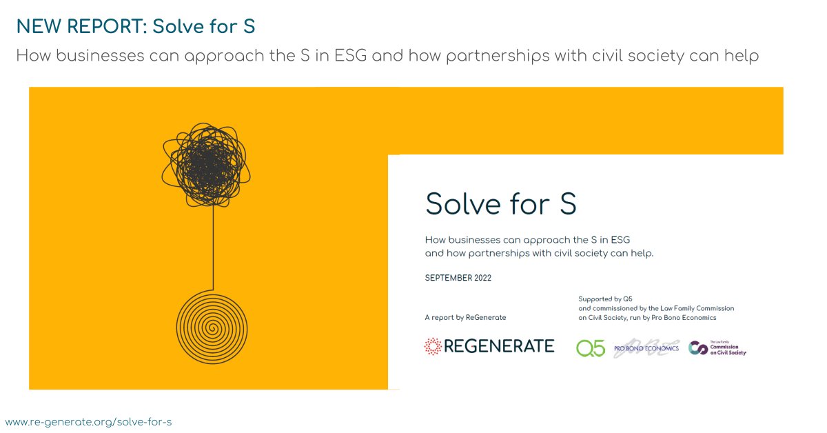 We’ve launched a new report! We interviewed over 35 cross-sector industry experts to build a holistic picture of how businesses can approach the S in ESG to truly impact society, and how civil society partnerships can help.

👉 Give it a read here: re-generate.org/solve-for-s