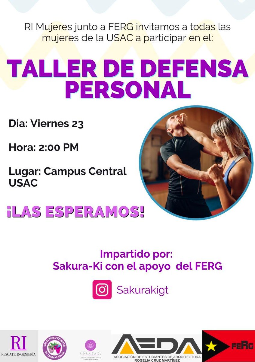 RescateIng's tweet photo. TALLER DE DEFENSA PERSONAL.
📅Viernes 23 de Septiembre.
⌚14:00 h
📍Campus Central

¡Recuerda traer ropa cómoda y una botella de agua!
Llena el formulario de participación: https://t.co/hw7HKywCuK

¡Las esperamos! 💜
#MujeresIngeniería #sinnosotrasnuncamás https://t.co/35IZMOAzmT