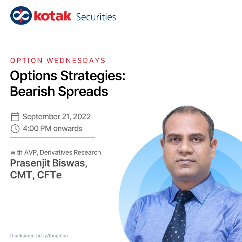 kotakneo's tweet photo. Learn how to navigate through volatile #Bearish phases and benefit from price falls using Bearish Options Spread strategies in the upcoming #Webinar with Prasenjit Biswas, CMT, CFTe - AVP Derivatives Research on 21st September, 4pm onwards
#OptionWednesdays #OptionTrading