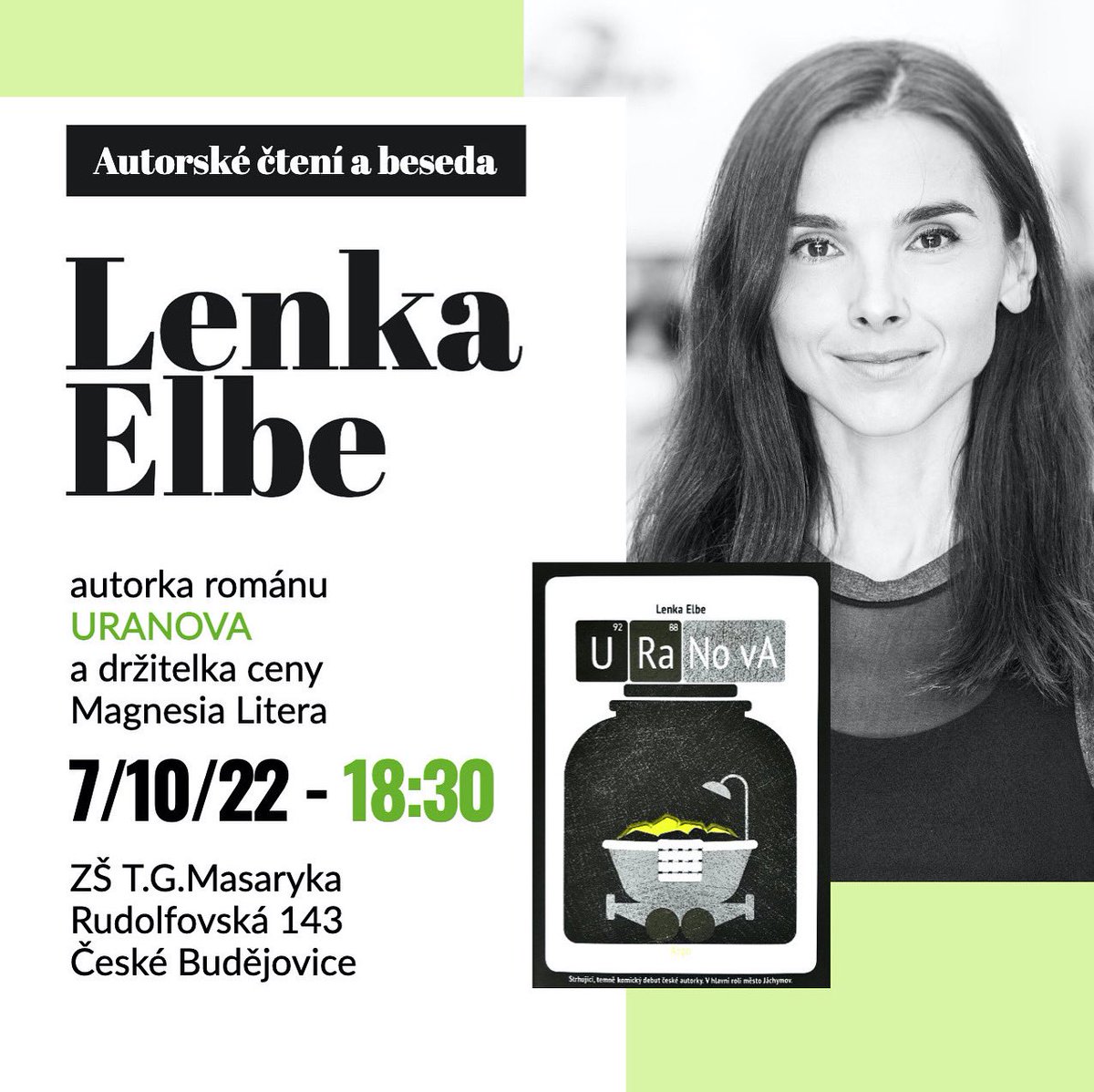 Lenka_eLBe's tweet photo. V Českých Budějovicích by chtěl…číst každý! 😉 Takže v pátek 7. října v 18:30. #uranova #ceskebudejovice #autorskecteni #magnesialitera https://t.co/nisE2aoxwC