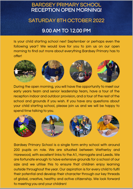 Bardsey_Primary's tweet photo. Join us for our reception open morning on Saturday 8th October to find out about school places and our amazing offer for the 2023-24 academic year! https://t.co/DnXnpQAe0b