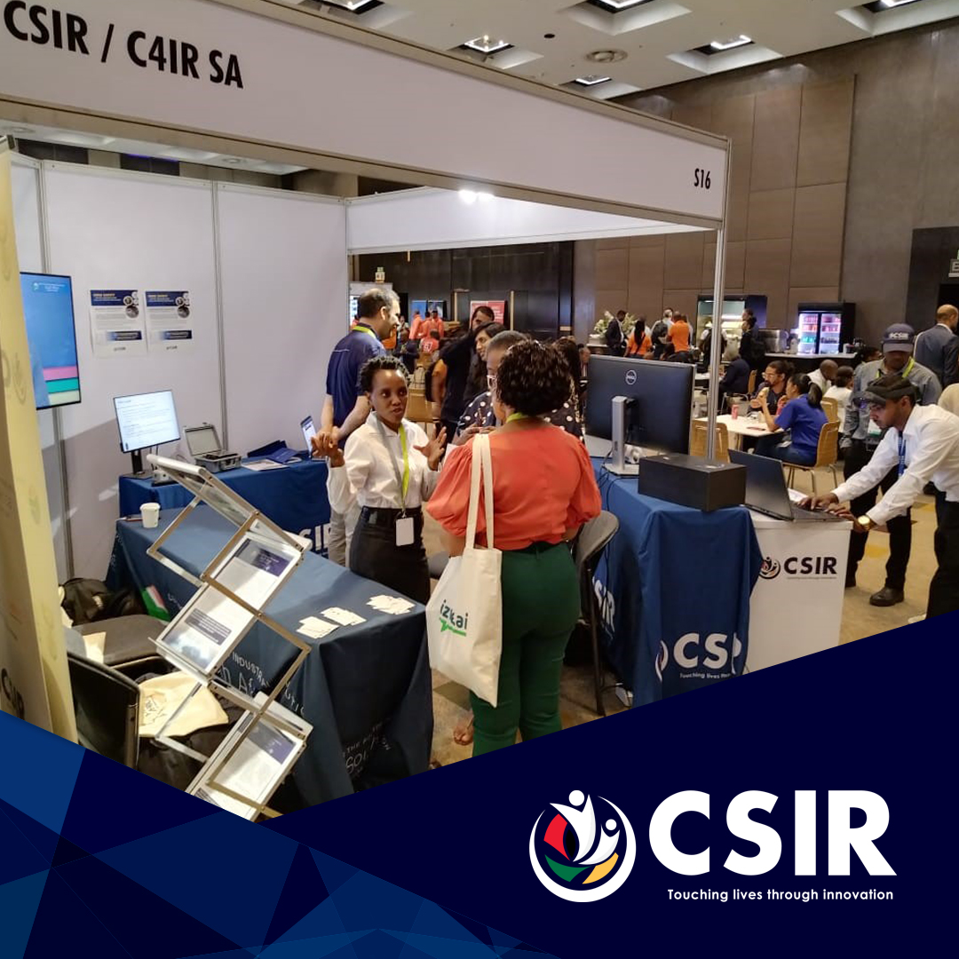 CSIR's tweet photo. Visit #TeamCSIR at #AIExpoAfrica today to learn about the Emerging Digital Tech for the #4IR Research Centre &amp; its strongest feature: de-risking the investment in 4IR for SA orgs through R&amp;D that could be adopted by the public &amp; private sector. https://t.co/B3r9Id1NA6 https://t.co/jnV1dHViMX