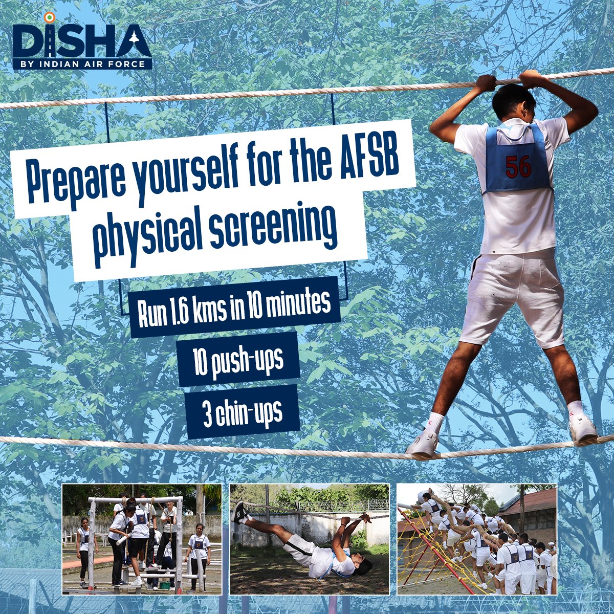 CareerinIAF's tweet photo. Make physical exercise a part of your preparation for the Air Force Selection Board (AFSB) testing. Here is a suggested guideline to prepare and prevail during the AFSB.

#DISHAbyIndianAirForce #IAF #AFSB #CareerInIAF #AirForceSelectionBoard #PhysicalFitness https://t.co/zrITvqgjlV