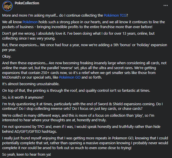 PokeCollection's tweet photo. A bit of an honest thought process on the @PokemonTCG as it stands, from a collector's standpoint. 

What are your thoughts?

#PokemonTCG #PokeTuber #Pokemon #PokeCollection https://t.co/txhkbZKz0x