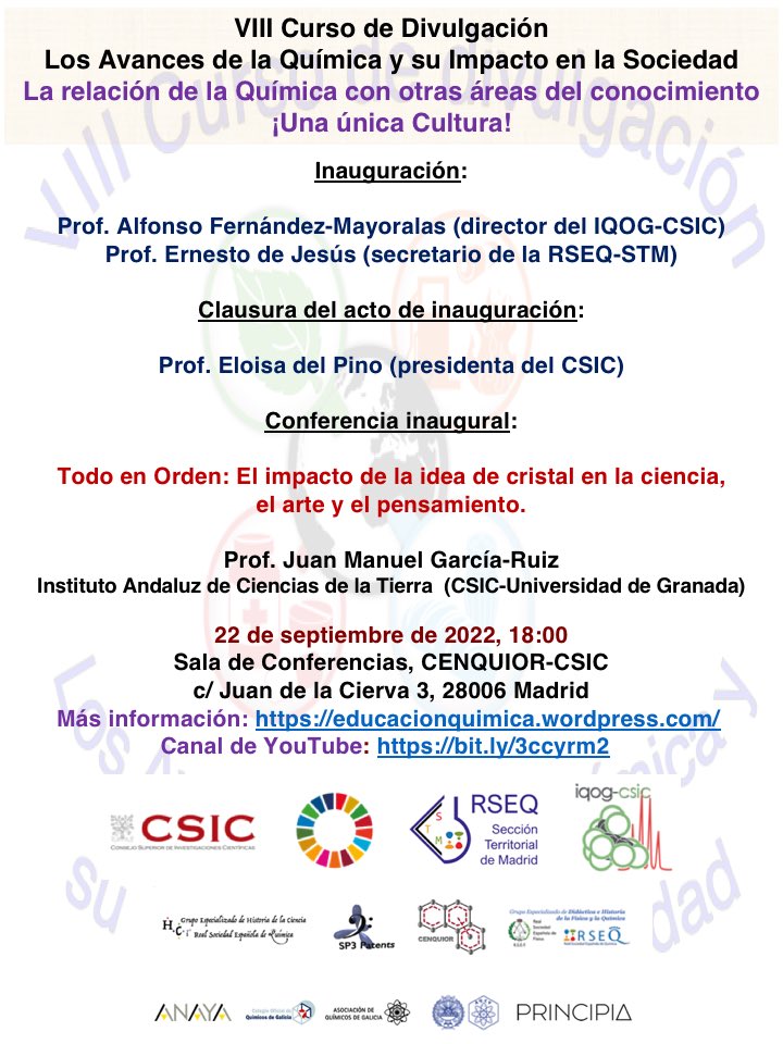 antogarfer's tweet photo. curso de divulgación Los Avances de la Química y su Impacto en la Sociedad, que comenzará el próximo jueves 22 de septiembre, a las 18:00, en la sede del CENQUIOR y online por YouTube https://t.co/bZeNTUWGvJ