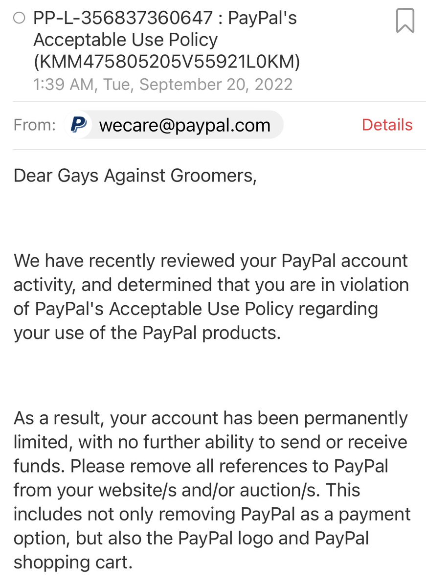 againstgrmrs's tweet photo. BREAKING: We have just been BANNED from @Venmo and @PayPal (within minutes of each other) for “violating” their user agreements. 

We are an organization that consists entirely of gay people whose only mission is to safeguard children from abuse. 

Woke homophobia is real, folks. https://t.co/u5GsFqDn45