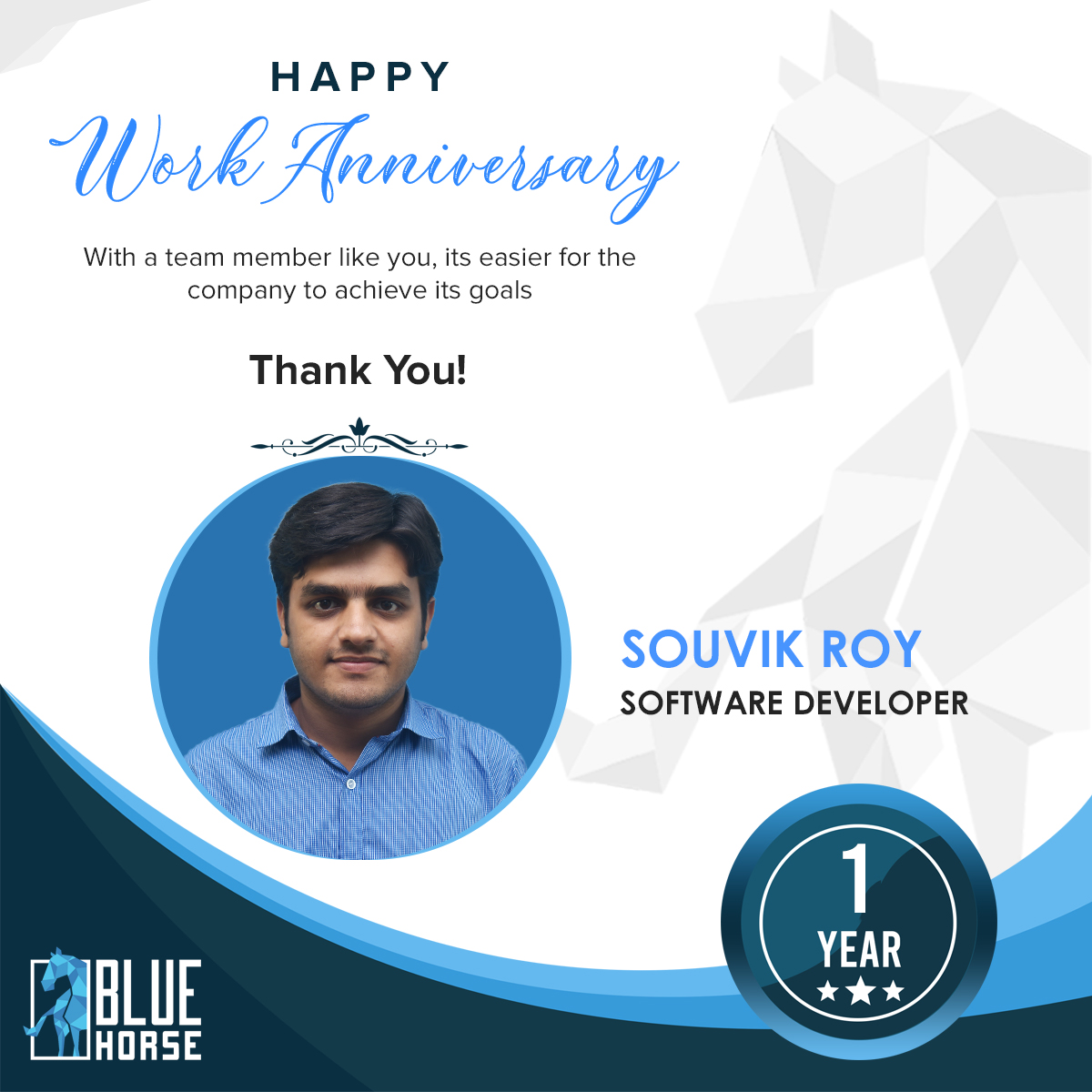 BlueHorse_sw's tweet photo. Happy Work Anniversary from all of us! @CoderSouvikRoy we hope you use this day to reflect on your many successes with BlueHorse. Happy anniversary!

#souvikroy  #bluehorse #bluehorsesoftware #workanniversary #happyworkanniversary #dedication  #success #companygift https://t.co/OQ6Hq52ZgT