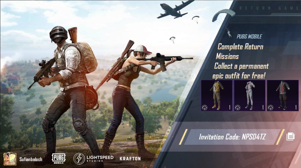 Complete PUBG MOBILE Return Missions! Collect a permanent epic outfit for free! My invitation code: NPSD4TZ ig-url.igamecj.com/D7CpBMCiJQDm