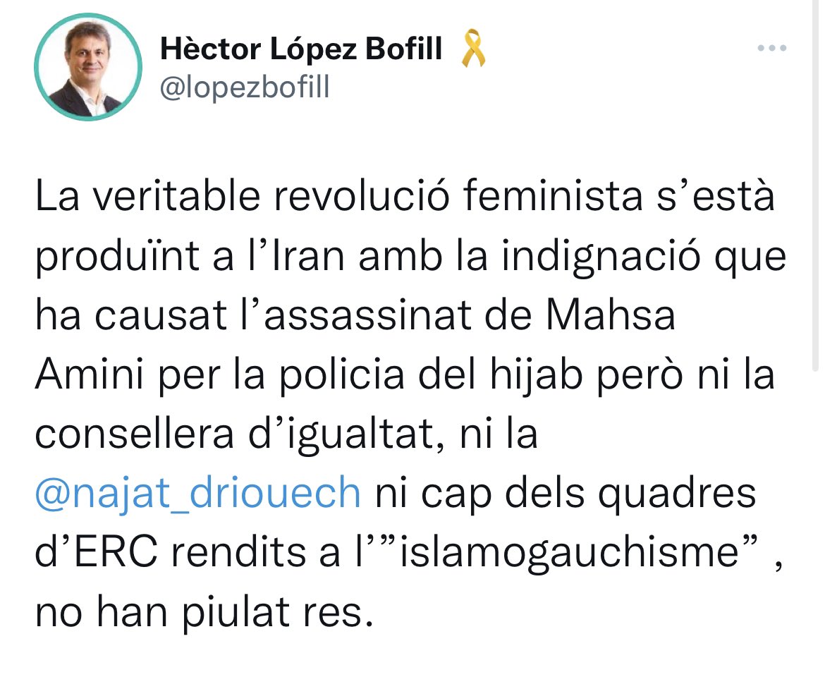 wagensberg's tweet photo. Algú m’haurà d’explicar molt lentament per què assenyalen, exposen i demanen responsabilitats i explicacions a la Najat sobre la barbàrie i l’extremisme religiós. Només hi pot haver un motiu: un biaix racista d’aquí a Plutó. Tan ridícul com perillós. Desmesuradament perillós. https://t.co/0o8fkJXcBG