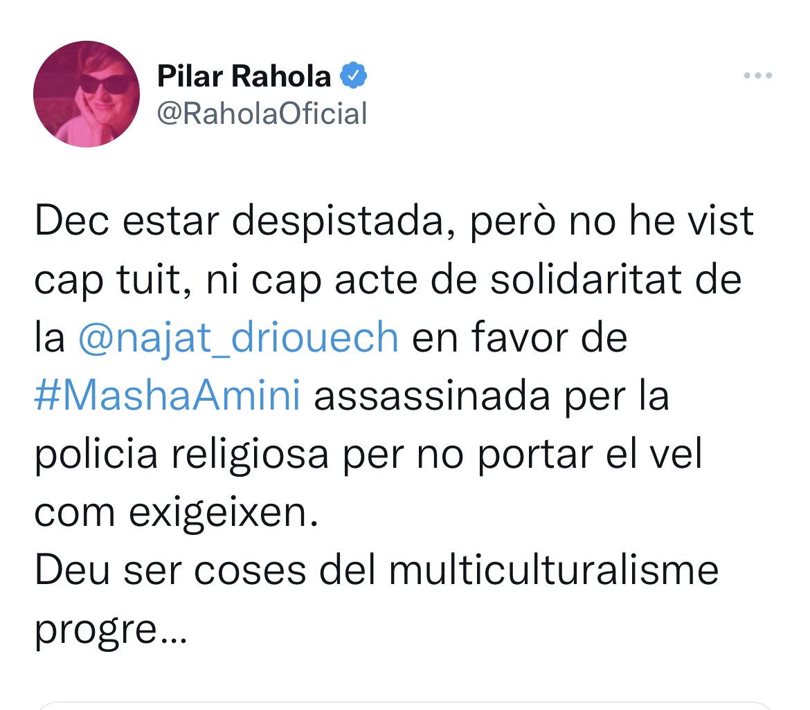 wagensberg's tweet photo. Algú m’haurà d’explicar molt lentament per què assenyalen, exposen i demanen responsabilitats i explicacions a la Najat sobre la barbàrie i l’extremisme religiós. Només hi pot haver un motiu: un biaix racista d’aquí a Plutó. Tan ridícul com perillós. Desmesuradament perillós. https://t.co/0o8fkJXcBG
