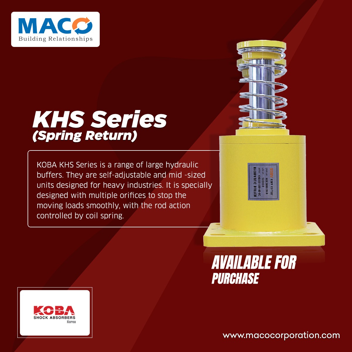 MacoCorporation's tweet photo. KHS Series (Spring Return)
Adjustment: Self-adjusting type
Filling: Oil
Temperature: Standard (-10~80℃), Special (-40~120℃)
Return: Coil spring
Piston Rod: Hard Chrome (over 25µ)
Body and Mount: Epoxy Paint Coatings
 Enquire at - info@macocorporation.com / 9331840626 https://t.co/4r7AUozQ4K