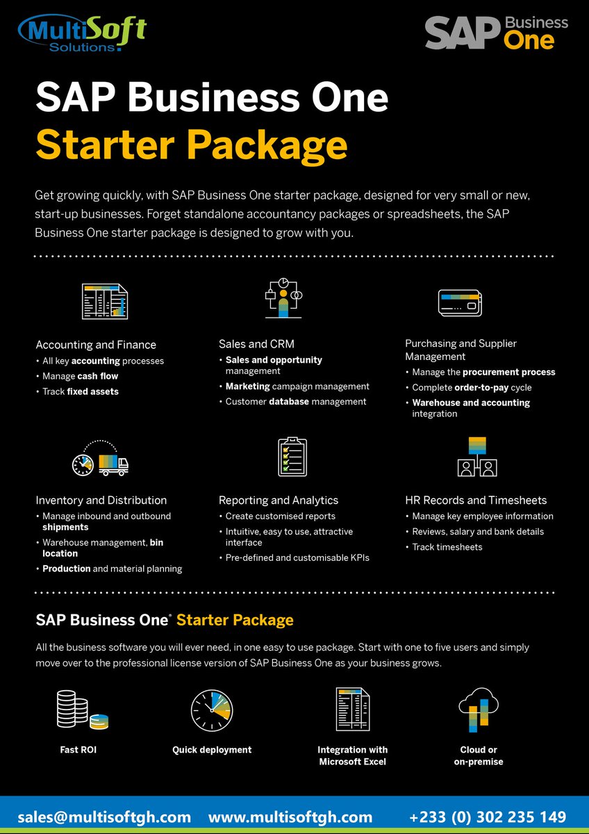 multisoftsolgh's tweet photo. Get growing quickly, with SAP Business One starter package, designed for very small or new start-up businesses. SAP Business One Starter Package is designed to grow with you.

#Thedigitalbusiness
#SAPBusinessOne #SAP
#ERPSolutionforSMEs
#Softwaresolutions
#MultisoftSolutions https://t.co/upACiEbNhi