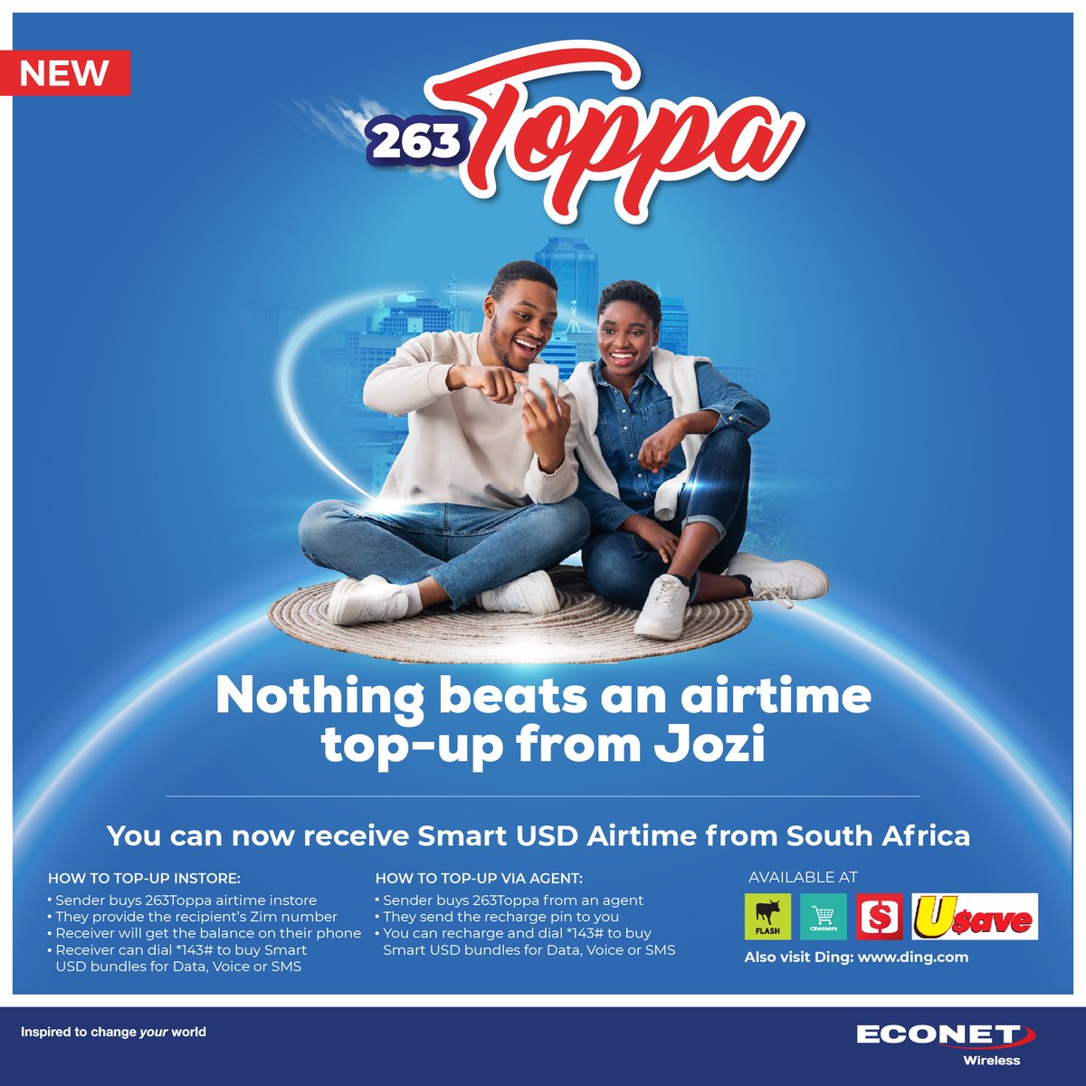 econetzimbabwe's tweet photo. Receive Smart USD Airtime via 263Toppa😀

📲Airtime available instore at Shoprite, Checkers, USave and Flash.

Also available via https://t.co/igGsTFJ006✅️ https://t.co/ZDUD2rKoKP
