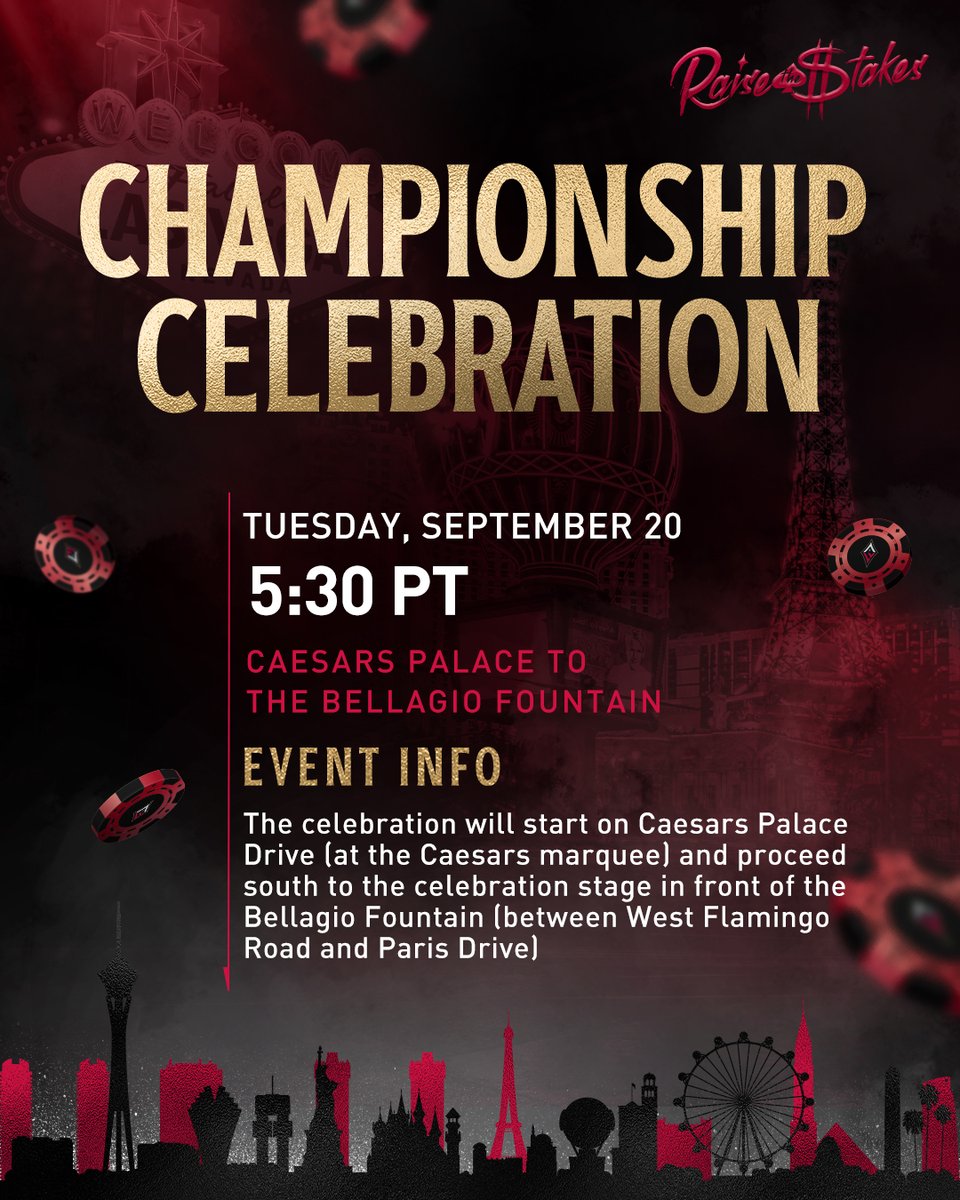 𝗖𝗵𝗮𝗺𝗽𝗶𝗼𝗻𝘀𝗵𝗶𝗽 𝗖𝗲𝗹𝗲𝗯𝗿𝗮𝘁𝗶𝗼𝗻 🏆

Today's the day! Fans are encouraged to line the street as well as the stage outside of the Bellagio Fountain to cheer on the #WNBAChampions as they proceed to the celebration stage. 

Vegas, let's party! #RaiseTheStakes
