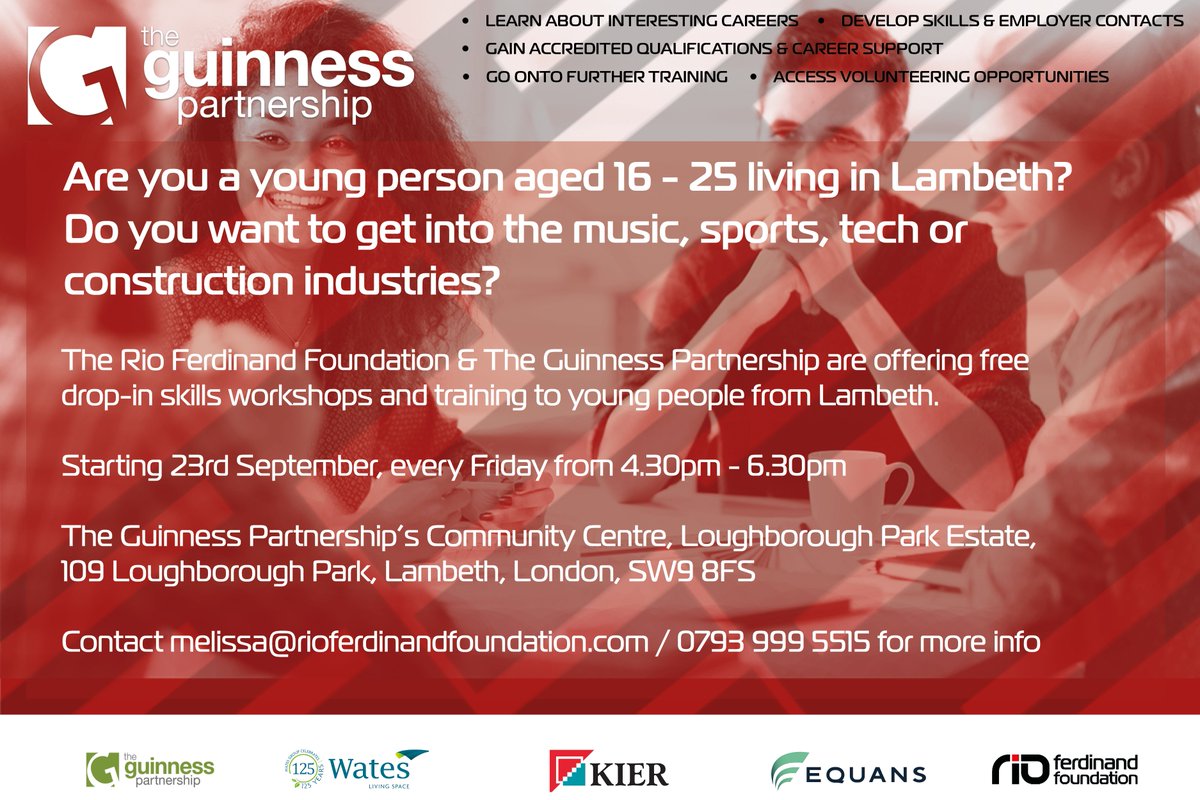 riofoundation's tweet photo. Calling all Lambeth 16-25 year olds📣
If you want to get into the music, sports, tech or construction industries, come along and meet the team next Friday and every Friday at @YourGuinness Community Centre, Loughborough Park Estate.
#CreatingOpportunities https://t.co/PZBPUiOLFN