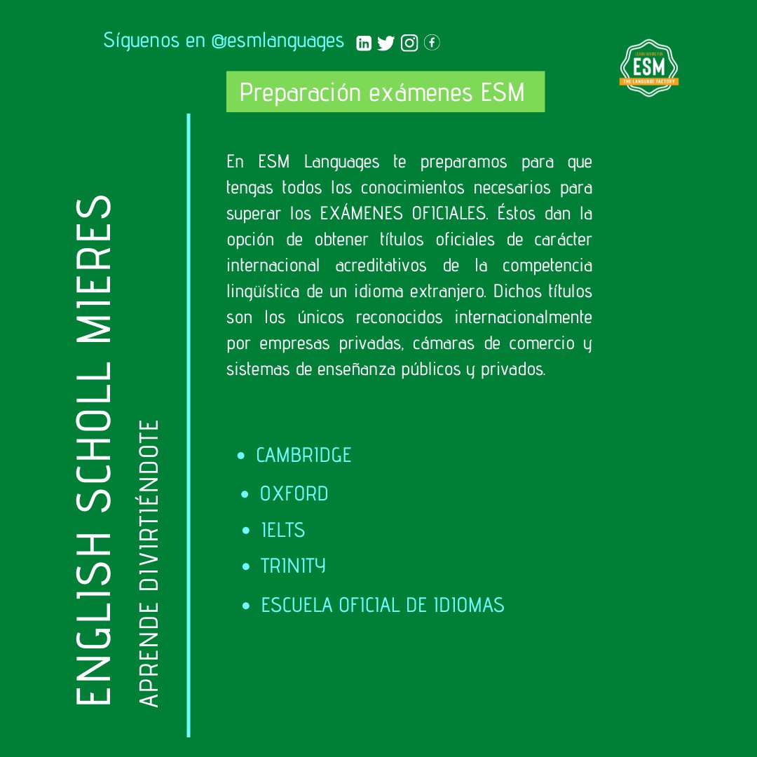 EsmLanguages's tweet photo. En #esmlanguages sabemos la importancia del inglés y por eso te preparamos para superar los EXÁMENES OFICIALES📚 ya sea de IELTS como de Oxford o del Trinity. Matricúlate ☎️
#academiamieres #cursodeinglés #cursosdeidiomasenelextranjero #improveyourenglish #learnhavingfun https://t.co/63Ymsw2mw8