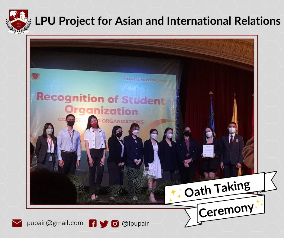 lpupair's tweet photo. The LPU Project for Asian and International Relations (LPU PAIR) is now a recognized College-Based Organization in the College of International Relations for the Academic Year 2022-2023! ๐
Photo (c) CIR SG
#LPUPAIR #PAIRWithUs #BePrePAIRed
#OathTakingCeremony2022 https://t.co/1TasLcVIOO