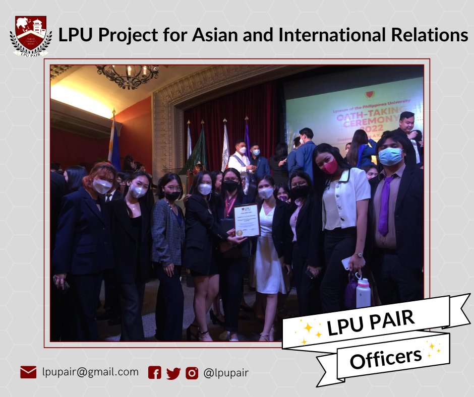 lpupair's tweet photo. The LPU Project for Asian and International Relations (LPU PAIR) is now a recognized College-Based Organization in the College of International Relations for the Academic Year 2022-2023! ๐
Photo (c) CIR SG
#LPUPAIR #PAIRWithUs #BePrePAIRed
#OathTakingCeremony2022 https://t.co/1TasLcVIOO
