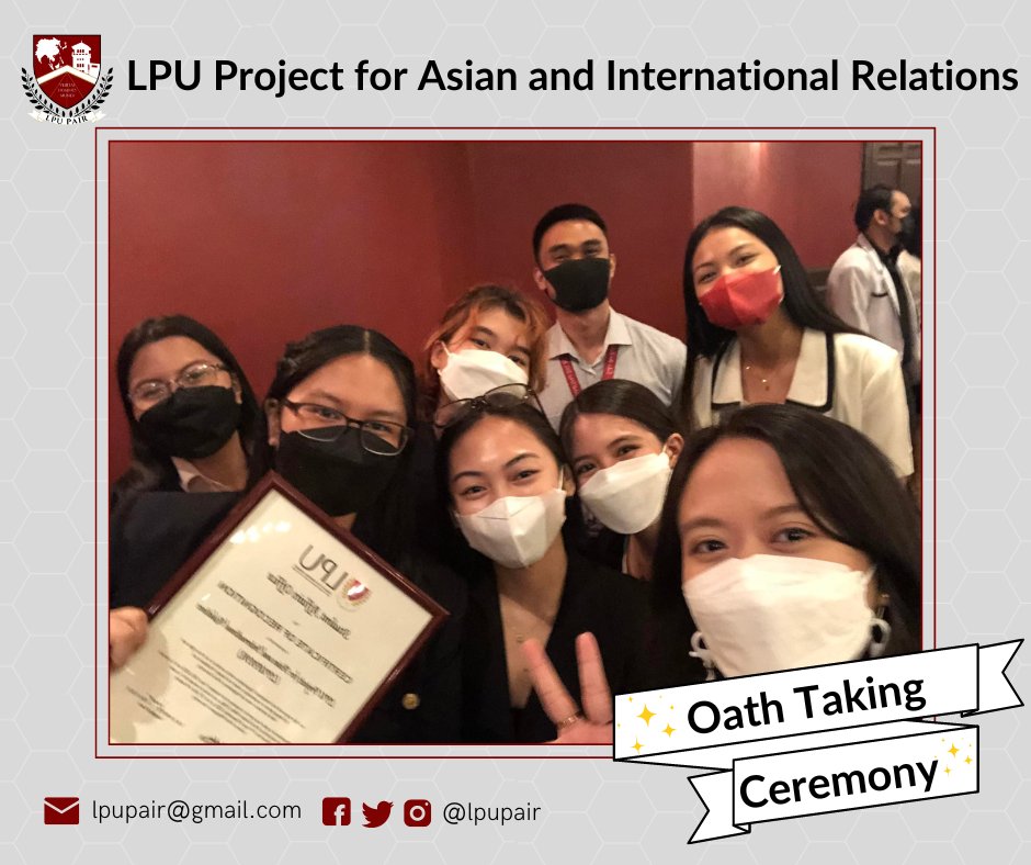 lpupair's tweet photo. The LPU Project for Asian and International Relations (LPU PAIR) is now a recognized College-Based Organization in the College of International Relations for the Academic Year 2022-2023! ๐
Photo (c) CIR SG
#LPUPAIR #PAIRWithUs #BePrePAIRed
#OathTakingCeremony2022 https://t.co/1TasLcVIOO