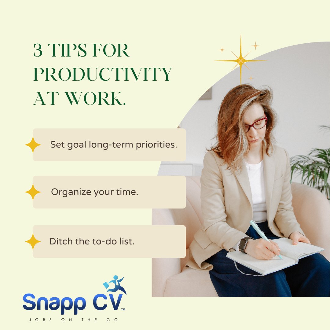 3 Tips for Productivity at Work👍 

#tuesdaytips #tuesdaytip #tuesday #tuesdaymorning #tips #tipsandtricks #wearesnappcv #snappcvgroup #jobsearchapp #findyourdreamjob #jobs #jobsearch #jobopening #joblisting #jobsnearyou #recruiting #dreamjob #jobhunt