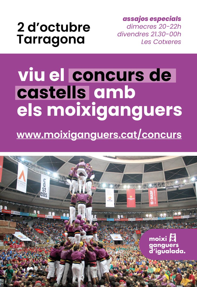 Acompanya'ns al Concurs de Tarragona.

Apunta't i participa dels assajos previs els Dimecres i Divendres.

Si tens dubtes, te'ls resoldrem a la l'assaig 😉

Igualada i Comarca, amb els Moixiganguers a Tarragona.

#LaTemporadaQueEnsMereixem