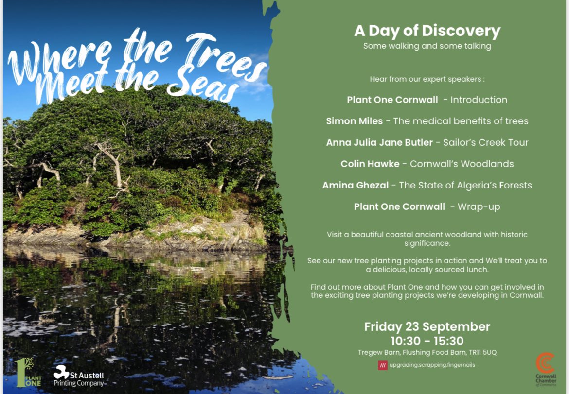 Where the Trees Meet the Seas. A Day of Discovery. Treat yourself to some time out to walk &amp; talk about saving Cornwall’s natural habitats. Final spaces available at this great event. #PlanetC cornwallchamber.co.uk/events/details…
