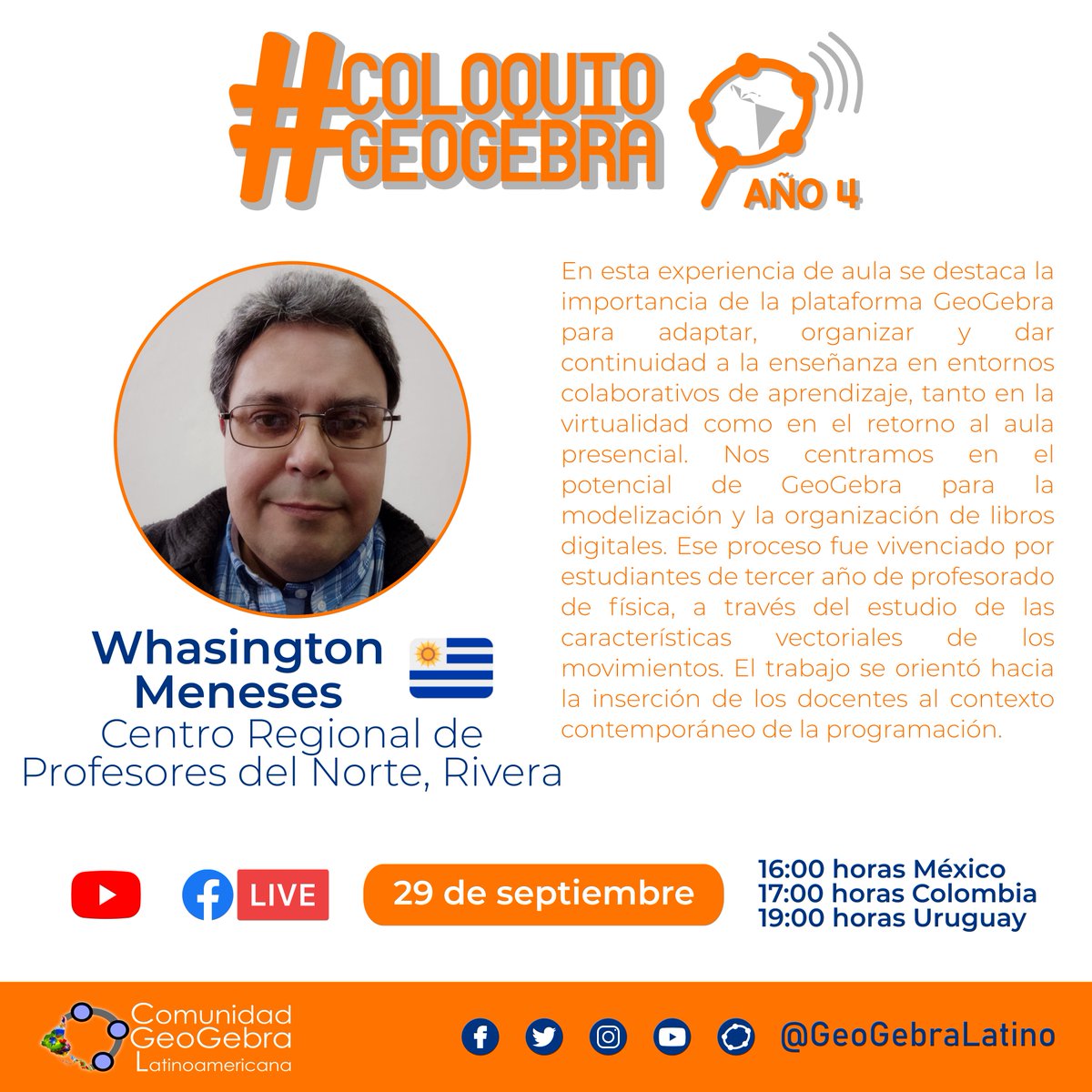 GeoGebraLatino's tweet photo. 📣Conoce de qué estaremos conversando en la sesión 3️⃣7️⃣ del #ColoquioGeoGebra📣
🔸Enseñanza de la física con GeoGebra en la educación híbrida y a distancia🔸
Presentan:
🗣Washington Meneses🇺🇾
🗣Silvia Sotelo 🇨🇴 https://t.co/rQzl3iXPly