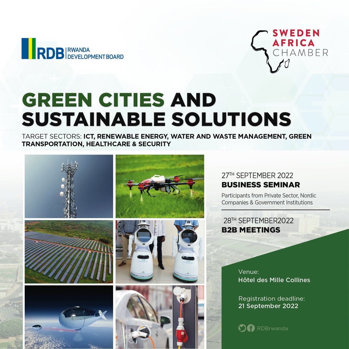 RDB together with <a href="/SwedenAfrica/">SwedenAfricaChamber</a> are organising a Green Cities and Sustainable Solutions forum, comprising of a business seminar and B2B meetings from 27 - 28 September 2022 at Hotel des Mille Collines.

Register to attend before 21 September at rdb.rw/green-cities-a…
