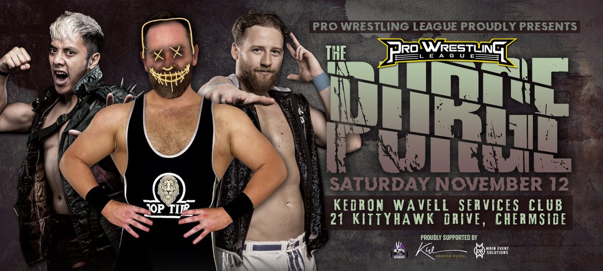 It's official! #PWLPurge takes place on Saturday November 12th at Kedron Wavell in Chermside!

Tickets are on sale now: bit.ly/3qSVbva

Our last event #PWLWar will also be available on <a href="/AusWresNet/">Australian Wrestling Network</a> soon! Subscribe at auswrestling.net