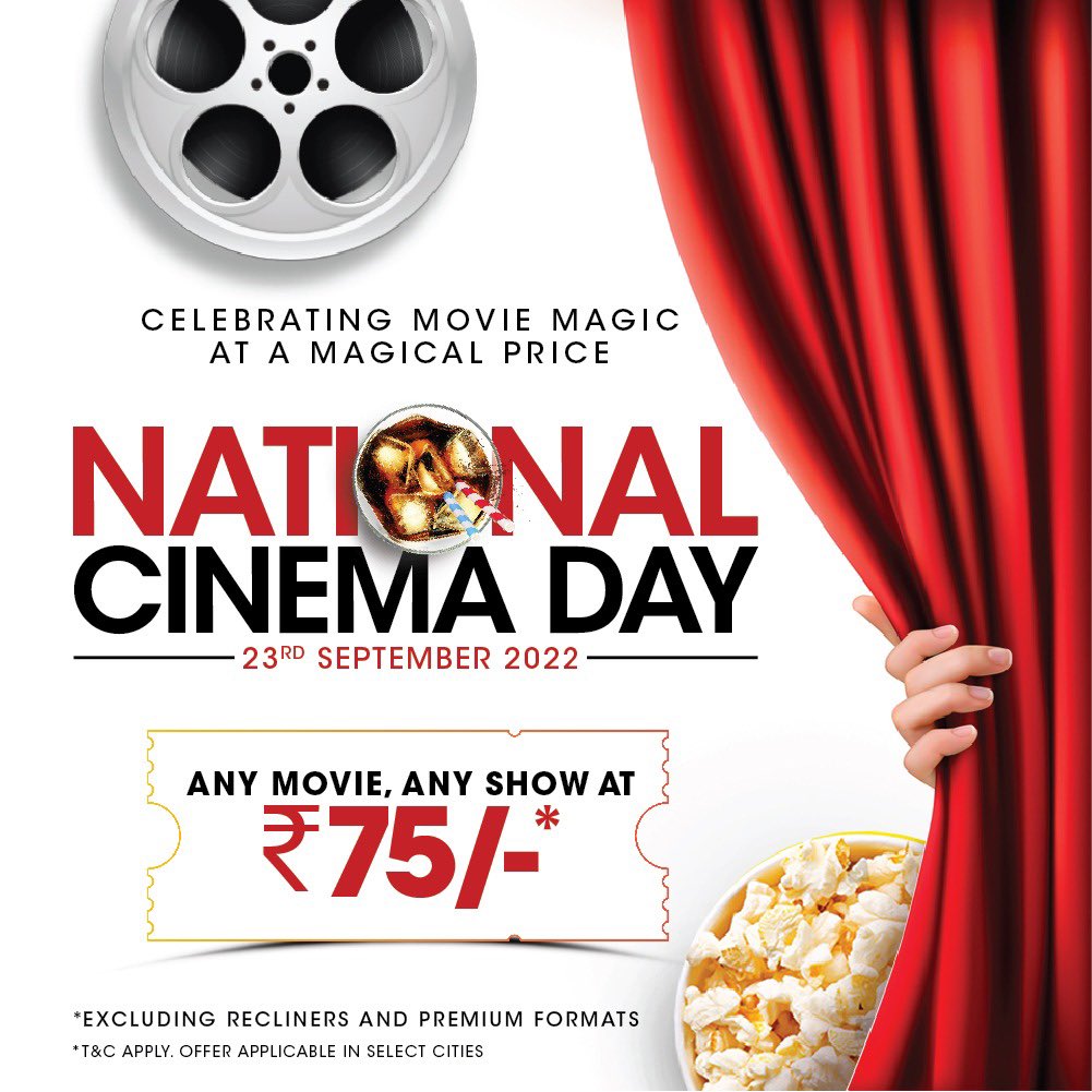 _PVRCinemas's tweet photo. Celebrating the magic of movies at a MAGICAL price for National Cinema Day! 

On the 23rd of September, you can watch any of the latest blockbuster movies at a BLOCKBUSTER price of Rs. 75 only. 
T&amp;C Apply https://t.co/GOEiSNYwWt