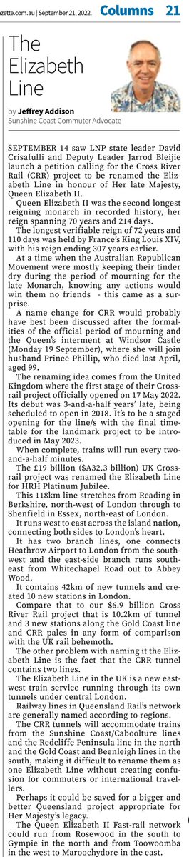 Jeffrey_Addison's tweet photo. My latest OpEd Wed 21 Sep 2022
#SunshineValleyGazette, Columns p21
The Elizabeth Line
#qldpol #transport #infrastructure #SunshineCoast #publictransport #rail #crossriverrail #QEII #FastRail https://t.co/CrBMNqUxkX