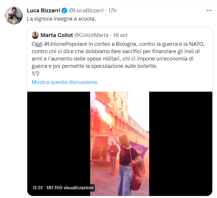 CollotMarta's tweet photo. Da mesi il delirio bellico spinge a fare le liste di pacifisti che non dovrebbero stare nelle scuole, sui media, nelle università, nelle piazze.
Ma dove stiamo non lo decide @lucabizzarri né gli altri improvvisati censori. 
Grazie alle migliaia di messaggi di solidarietà! https://t.co/XOd4RRBl2I