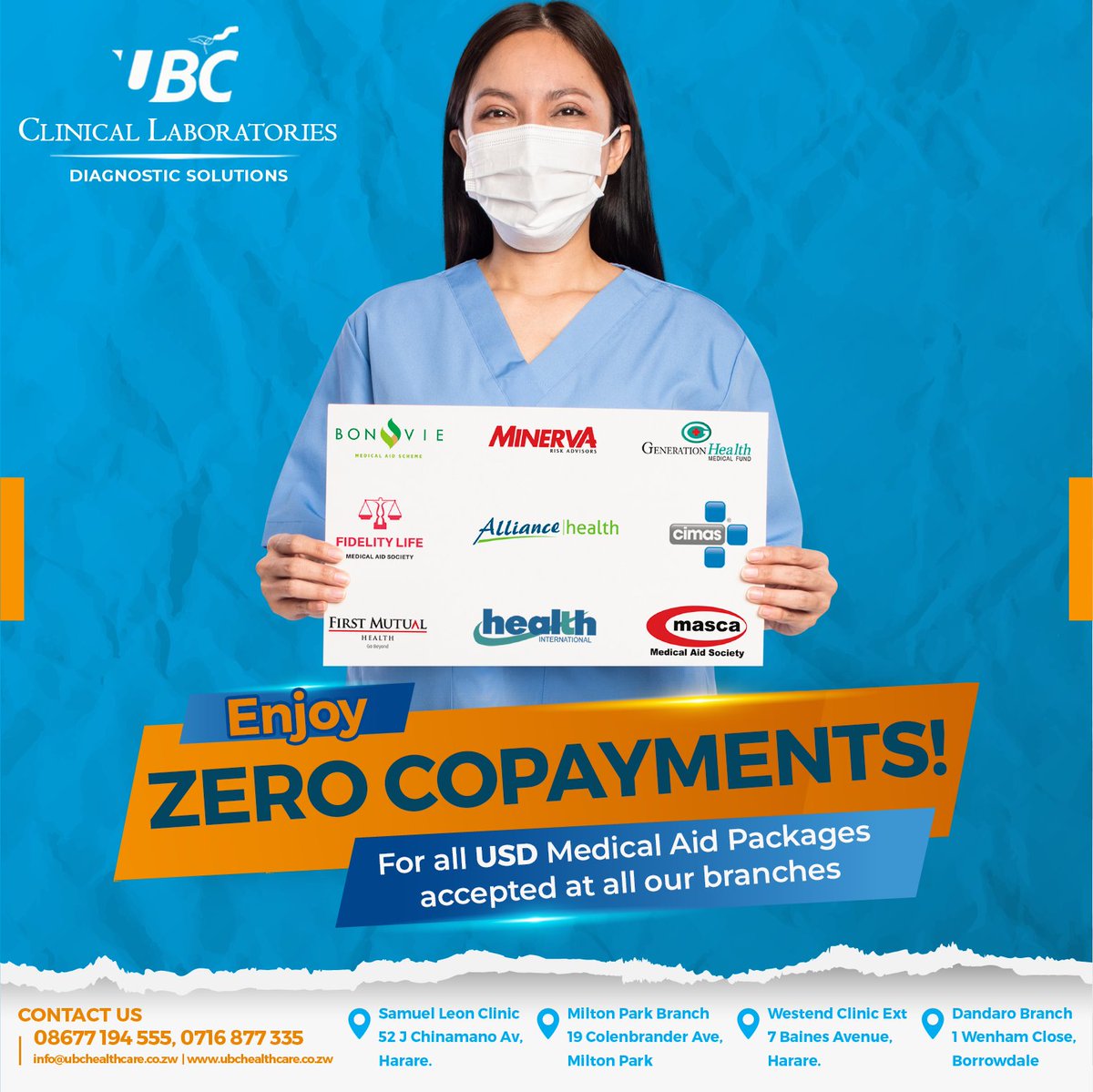 UBC Clinical Laboratories (@ubchealthcare) on Twitter photo Enjoy Zero Copayments when you use any USD Medical Aid Package that is accepted at any of our branches!
<a href="/BonvieMedical/">bonviemedical</a>
<a href="/GenHealthZW/">Generation Health ZW</a>
<a href="/FidelityLifeZW/">Fidelity Life</a>
@CimasMedical
<a href="/FMH_Health/">First Mutual Health</a>
<a href="/MinervaRiskZim/">Minerva Risk Advisors</a>
<a href="/mascazimbabwe/">Masca Medical Aid Society</a>
#Shortfall #ZeroShortfall #copayments #zerocopayments #medicalaid Enjoy Zero Copayments when you use any USD Medical Aid Package that is accepted at any of our branches!
<a href="/BonvieMedical/">bonviemedical</a>
<a href="/GenHealthZW/">Generation Health ZW</a>
<a href="/FidelityLifeZW/">Fidelity Life</a>
@CimasMedical
<a href="/FMH_Health/">First Mutual Health</a>
<a href="/MinervaRiskZim/">Minerva Risk Advisors</a>
<a href="/mascazimbabwe/">Masca Medical Aid Society</a>
#Shortfall #ZeroShortfall #copayments #zerocopayments #medicalaid