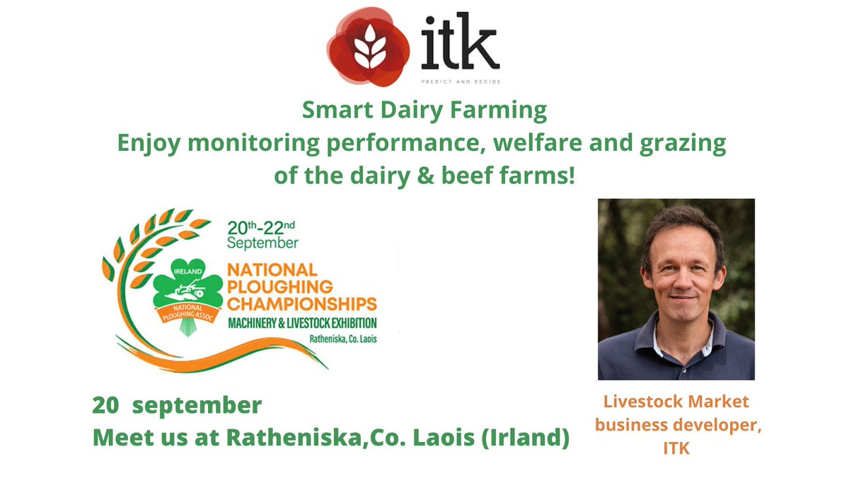 ITK_decide's tweet photo. [#IRELAND] Today, meet Philippe Depre, Livestock Market BusDev at ITK at National Ploughing Championship '22 in Ireland on 20th Sept.

Learn more about FARMLIFE, our smart dairy farming and #monitoring solution.

https://t.co/23mk4Wo2Sm

#agtech #agritech #farming #grazing #cows https://t.co/LeXHMRhmjG