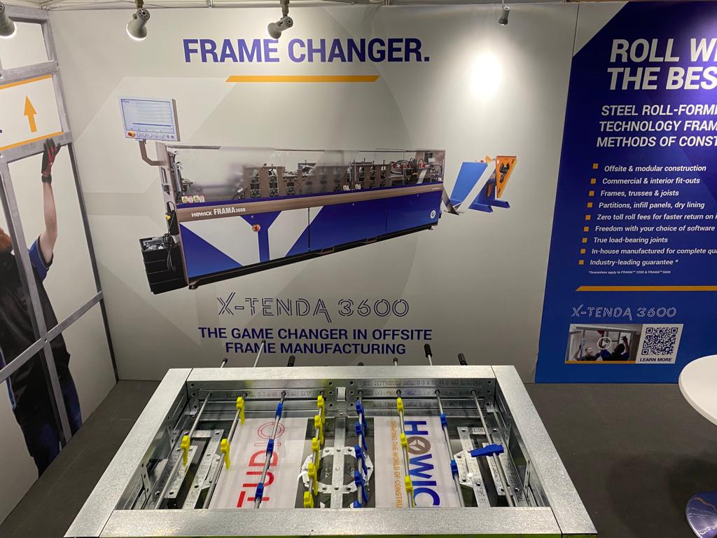 HowickLTD's tweet photo. Our stand at #OffsiteExpo is all set up. Come and say Hi, and have a game on our LGS foosball table, designed by STUD-IO Construction, and rolled by Howick technology. #ConstructionTechnology #DesignRollBuild #HowickLtd https://t.co/2EO5FdzYV4