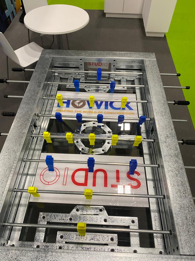 HowickLTD's tweet photo. Our stand at #OffsiteExpo is all set up. Come and say Hi, and have a game on our LGS foosball table, designed by STUD-IO Construction, and rolled by Howick technology. #ConstructionTechnology #DesignRollBuild #HowickLtd https://t.co/2EO5FdzYV4