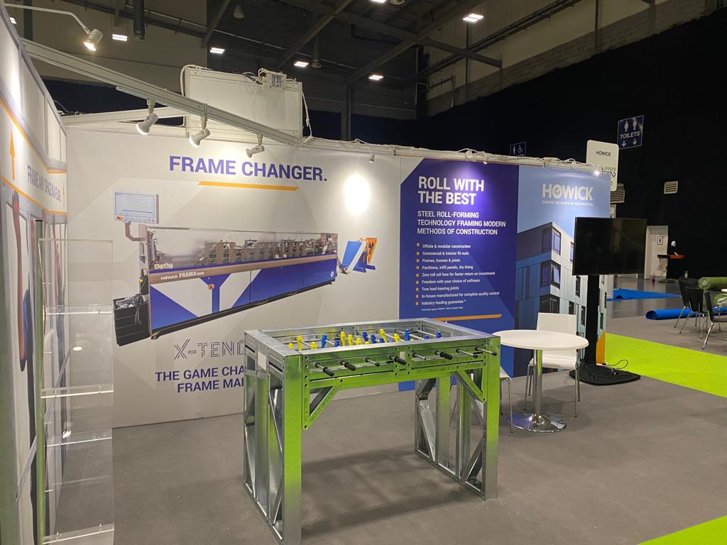 HowickLTD's tweet photo. Our stand at #OffsiteExpo is all set up. Come and say Hi, and have a game on our LGS foosball table, designed by STUD-IO Construction, and rolled by Howick technology. #ConstructionTechnology #DesignRollBuild #HowickLtd https://t.co/2EO5FdzYV4