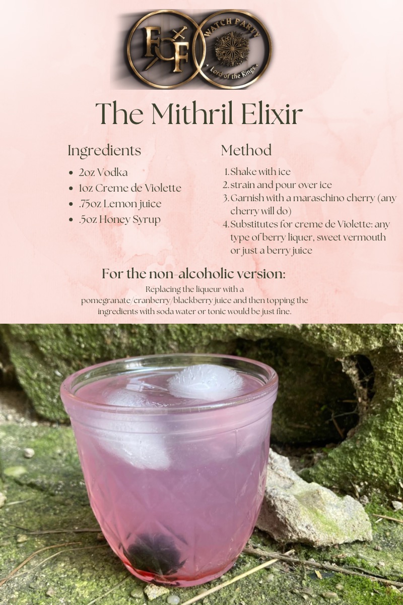 LotrParty's tweet photo. ๐ธDRINKS๐ธ
For our cocktail by @LiquorLore for Episode 5 of #TheRingsofPower, tap your inner Dwarven prince with the Mithril Elixir!
This drink is lighter than silk, stronger than iron, and shines with an inner light.
Drink responsibly!
#WatchTheRingsOfPower
#FoFWatchParty https://t.co/8Cs2HnKdW2