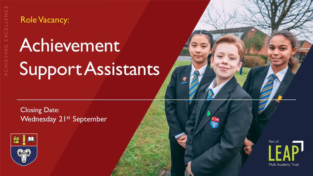 Not long left now to get you applications in for the role of Achievement Support Assistants! Click the link below to find out more and apply 👇 🔗bit.ly/LEAPMAT-Vacanc… 📆Closing Date: Wednesday 21st September. #EduJobs #EduTwitter #Hiring