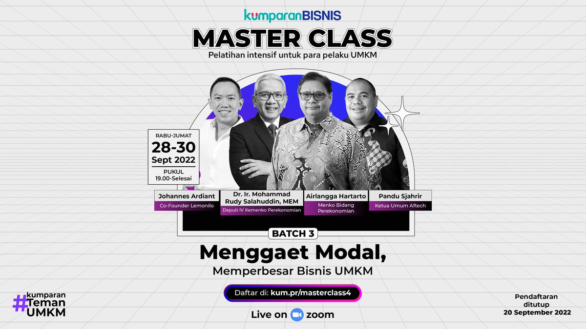kumparan's tweet image. Yuhuuuuu! Master Class batch 3 akan segera hadir! 🥳🙌🏻⁠
⁠
Master Class batch 3 kali ini akan mengundang sederet narasumber terbaik. Ayo segera daftar di kum.pr/masterclass4.
⁠
#MasterClass2022 #kumparantemanUMKM