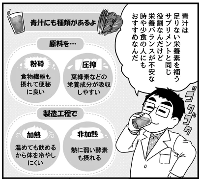 青汁も材料や製造方法が大切

大量生産しやすい「粉砕 & 温風加熱」
安く作れるけど、高温で栄養や酵素が壊れたり
食物繊維がバリケードになって
葉緑素などの栄養成分が吸収しにくい。
※下痢したり、便が緑がかっていれば吸収出来てないかも。。

圧搾&低温乾燥な青汁は栄養も酵素も摂りやすいYO https://t.co/83x3hGptKj 