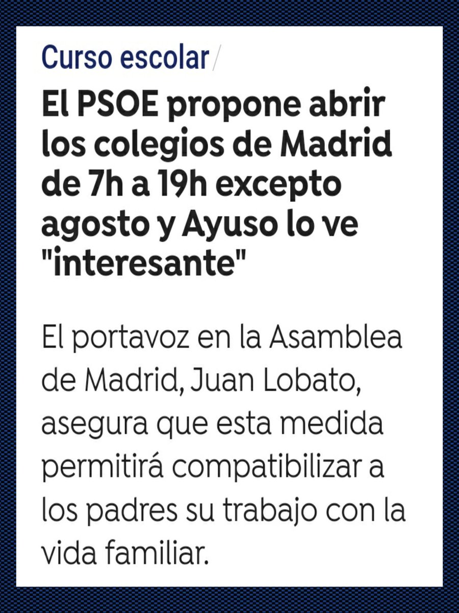 Miaentuface's tweet photo. Esto es lo que pasa cuando dejas al PsoE con el PP...Quieren abrir los colegios de Madrid 
de 7h a 19h para que los padres puedan trabajar 12h,y la lucha de la izqda está en que la jornada sea de 8h para poder tener más vida y compartir más tiempo con los hij@s
#QueAscoDan👊💫 https://t.co/cr9crQEoSB