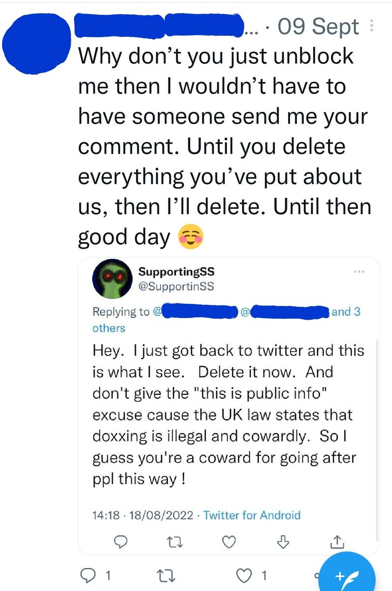 SupportinSS's tweet photo. This is what they do: threaten me and call me a coward for wanting my name off

Image 1:

[removed]
Why don't you just unblock me then I wouldn't have to have someone send me your comment.  Until you delete everythibg you've put about us, then I'll delete.  Until then good day ☺️ https://t.co/ewElAuCPj3
