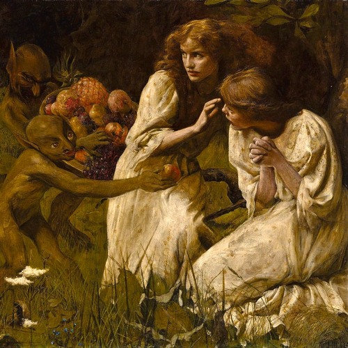 Goblins! 2 sisters, some sinister, anthropomorphic creatures with ambiguous intent &amp; a smorgasbord of fruit! This week's #TuesdayTale is Chrisina Rossetti's haunting poem 'Goblin Market', the theme of the online PRS lecture this Sat 24th September with <a href="/EsterDiazMo/">Ester Díaz</a>. Do join us!
